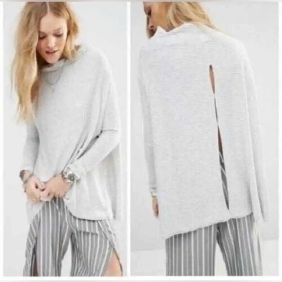 FREE PEOPLE We the Free Size S Ribbed Cowl Neck Gray Tunic Top Split Back Boho - Picture 7 of 14